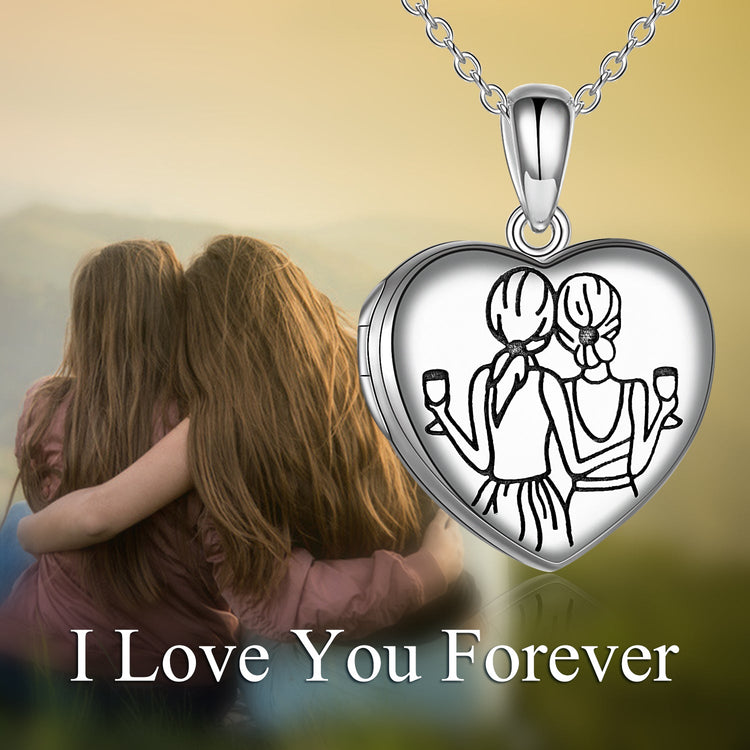 925 Sterling Silver Always My Sister Forever My Friend Heart Photo Locket Necklace