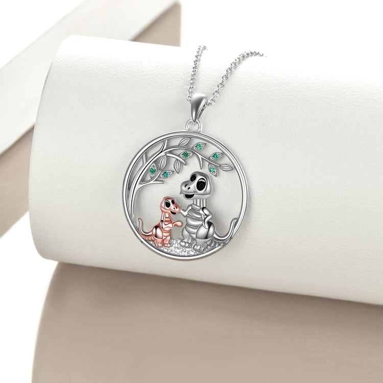 925 Sterling Silver Dinosaur Mom And Child Necklace