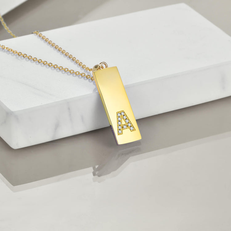 925 Sterling Silver Vertical Initial Bar Necklace With Zirconia
