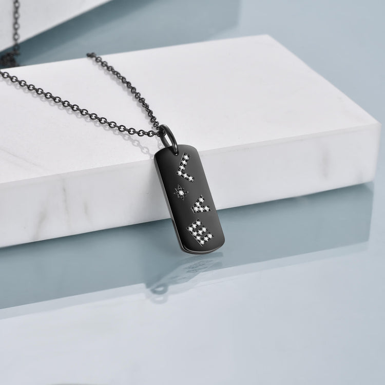 925 Sterling Silver Black Vertical Carved Strip Necklace With LOVE Shape Letters, Gift For Her