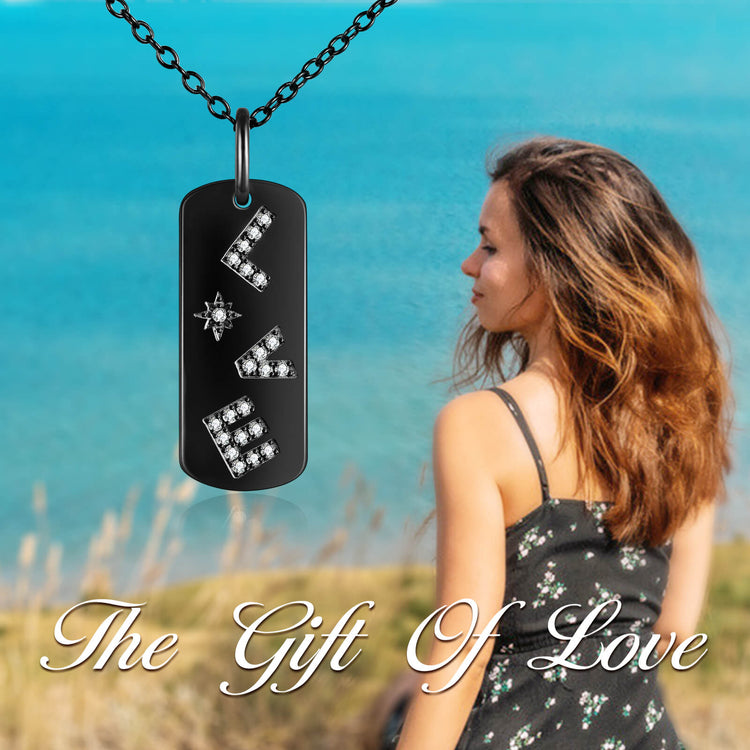 925 Sterling Silver Black Vertical Carved Strip Necklace With LOVE Shape Letters, Gift For Her
