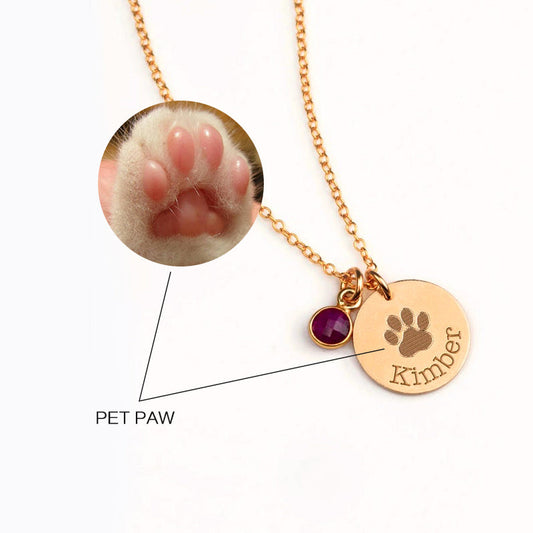 925 Sterling Silver Pet Paw Engraved Necklace With Pet's Birthstone Personalized Gift For Pet Lover - onlyone