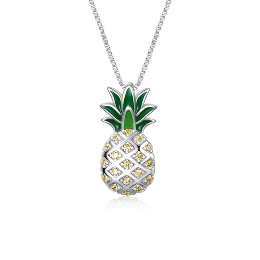 925 Sterling Silver Pineapple Pendant Necklace With Yellow Cubic Zircon - onlyone