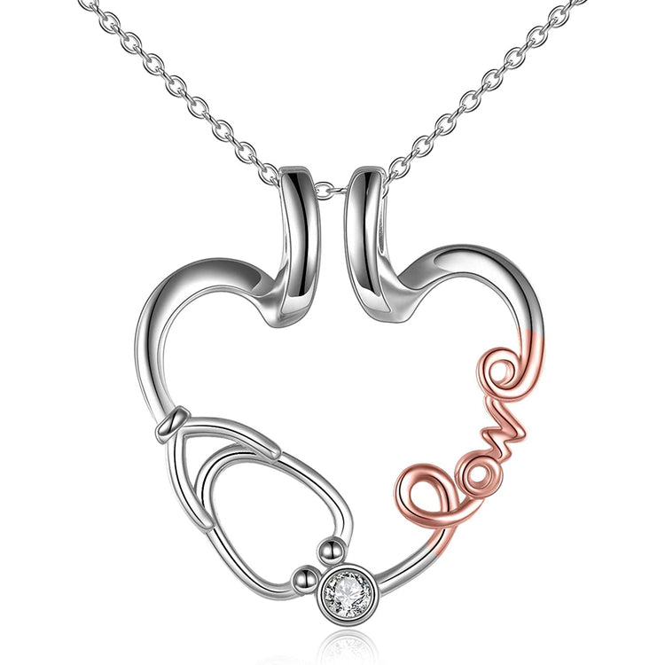 925 Sterling Silver Love Nurse Stethoscope Pendant Ring Holder Necklace