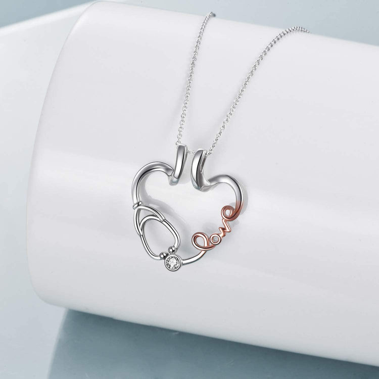 925 Sterling Silver Love Nurse Stethoscope Pendant Ring Holder Necklace