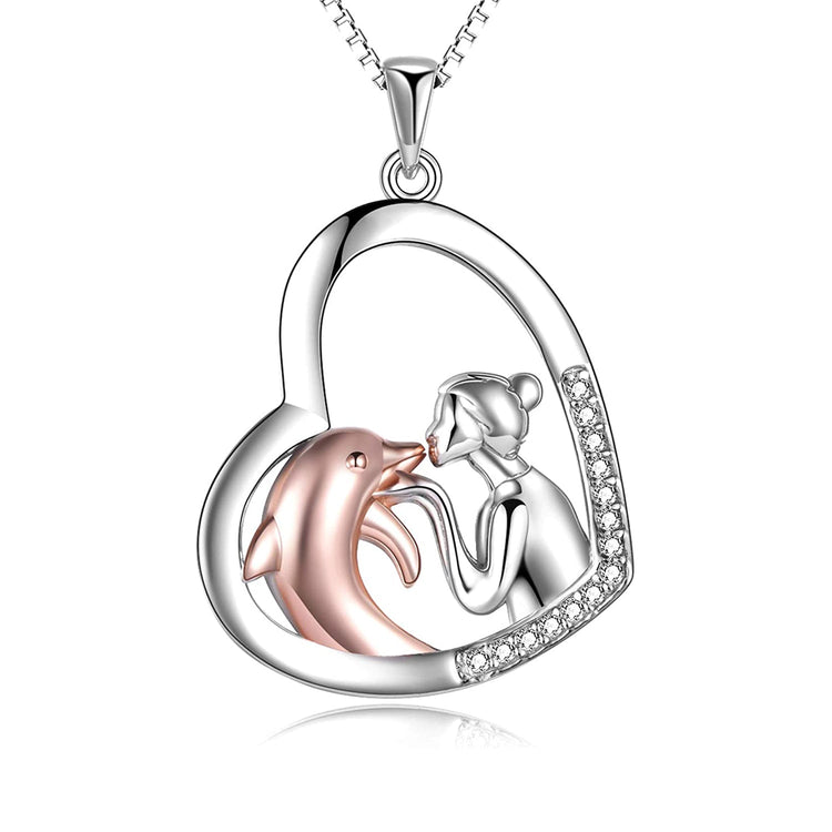 925 Sterling Silver Love Heart Dolphin With Girl Pendant Necklace