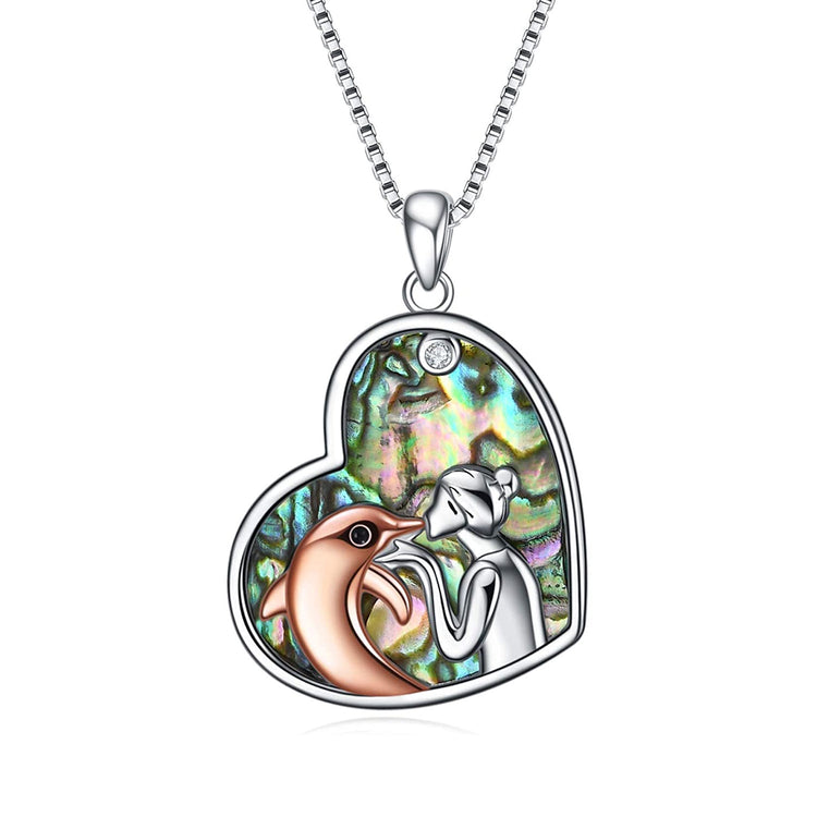 925 Sterling Silver Love Heart Dolphin With Girl Pendant Necklace