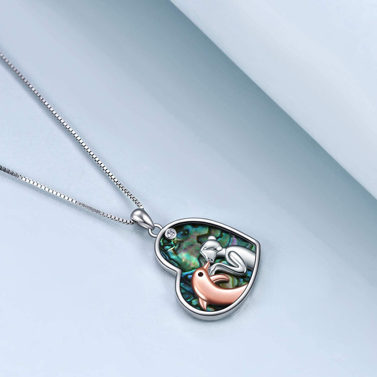 925 Sterling Silver Love Heart Dolphin With Girl Pendant Necklace