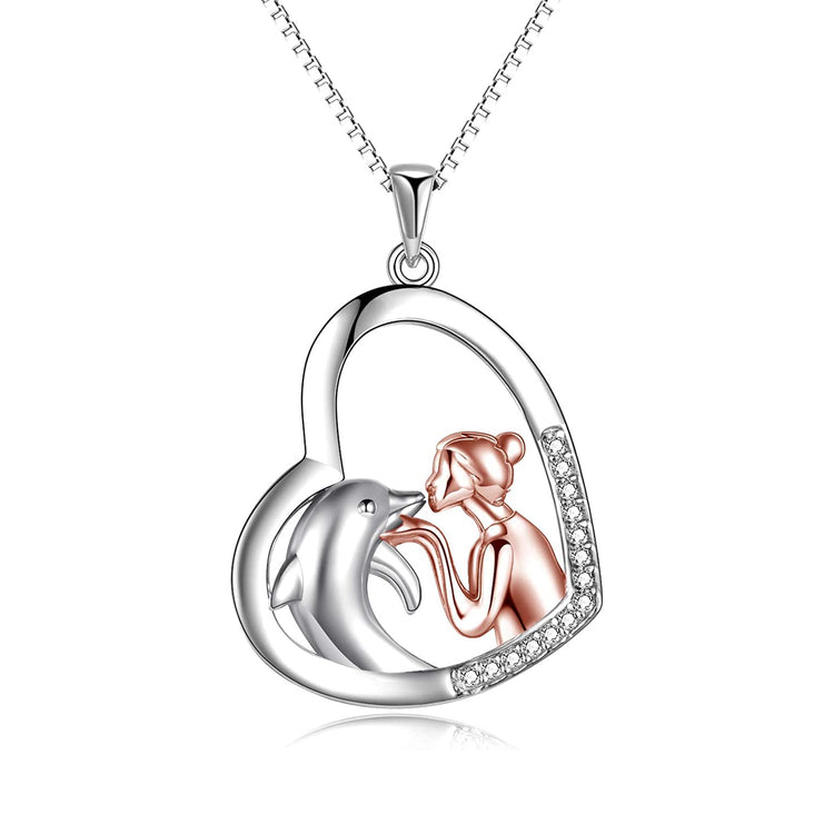 925 Sterling Silver Love Heart Dolphin With Girl Pendant Necklace