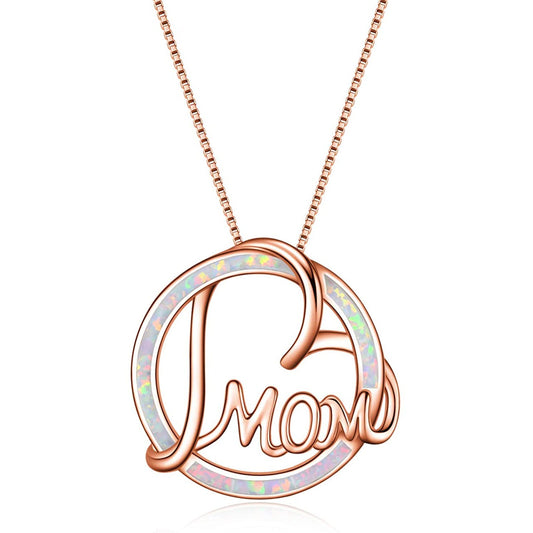 925 Sterling Silver Rose Gold Heart Mom Necklace With Simulated Opal