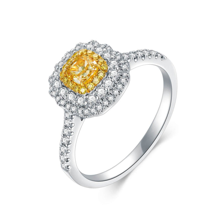 18K Classic Halo Style Yellow Diamond Ring