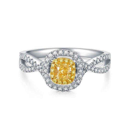 AU750 Classic Halo Style Cushion Shape Yellow Diamond Engagement Ring