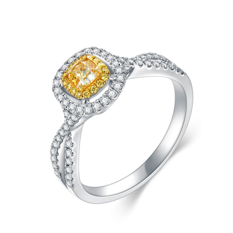 AU750 Classic Halo Style Cushion Shape Yellow Diamond Engagement Ring