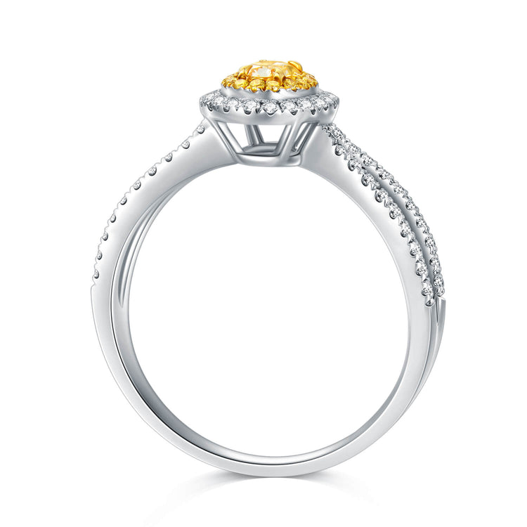 AU750 Classic Halo Style Cushion Shape Yellow Diamond Engagement Ring