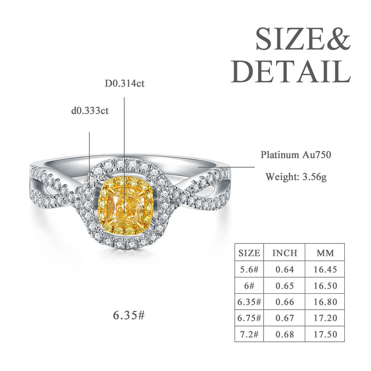 AU750 Classic Halo Style Cushion Shape Yellow Diamond Engagement Ring