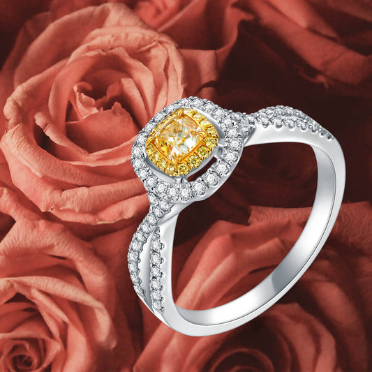 AU750 Classic Halo Style Cushion Shape Yellow Diamond Engagement Ring