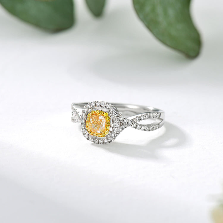 AU750 Classic Halo Style Cushion Shape Yellow Diamond Engagement Ring