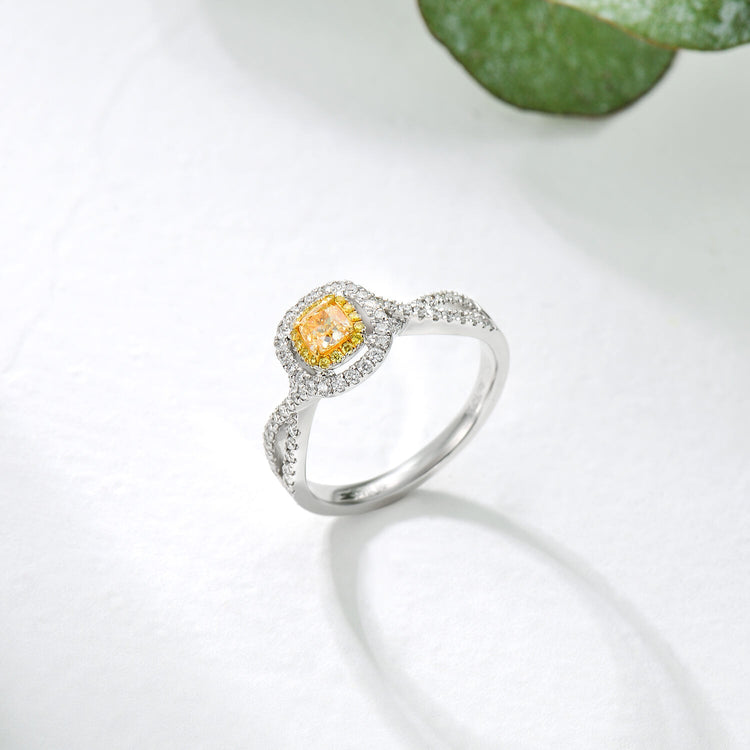 AU750 Classic Halo Style Cushion Shape Yellow Diamond Engagement Ring