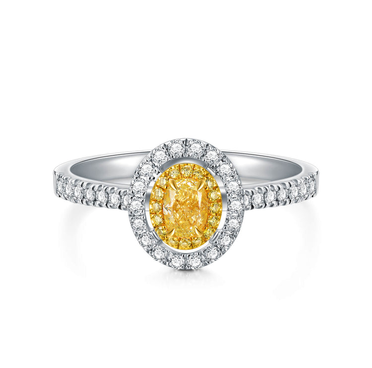 18K Classic Halo Style Oval Yellow Diamond Engagement Ring