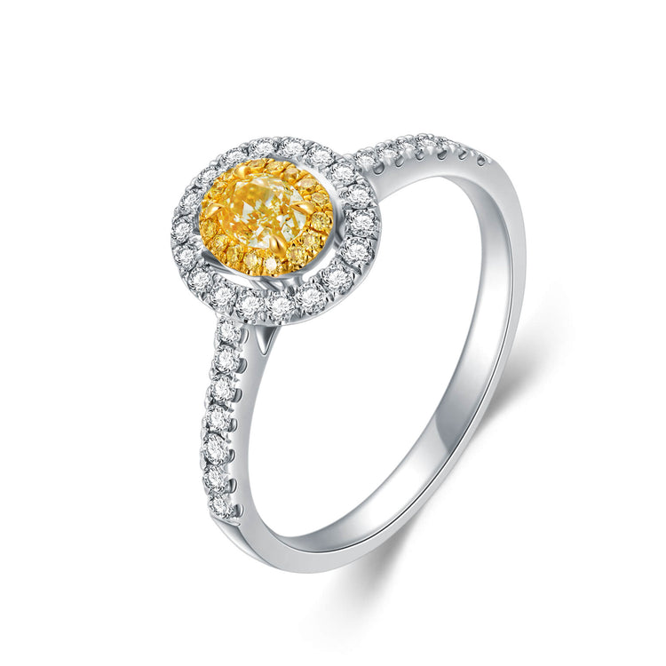 18K Classic Halo Style Oval Yellow Diamond Engagement Ring