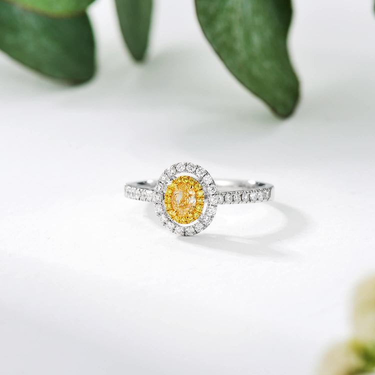 18K Classic Halo Style Oval Yellow Diamond Engagement Ring