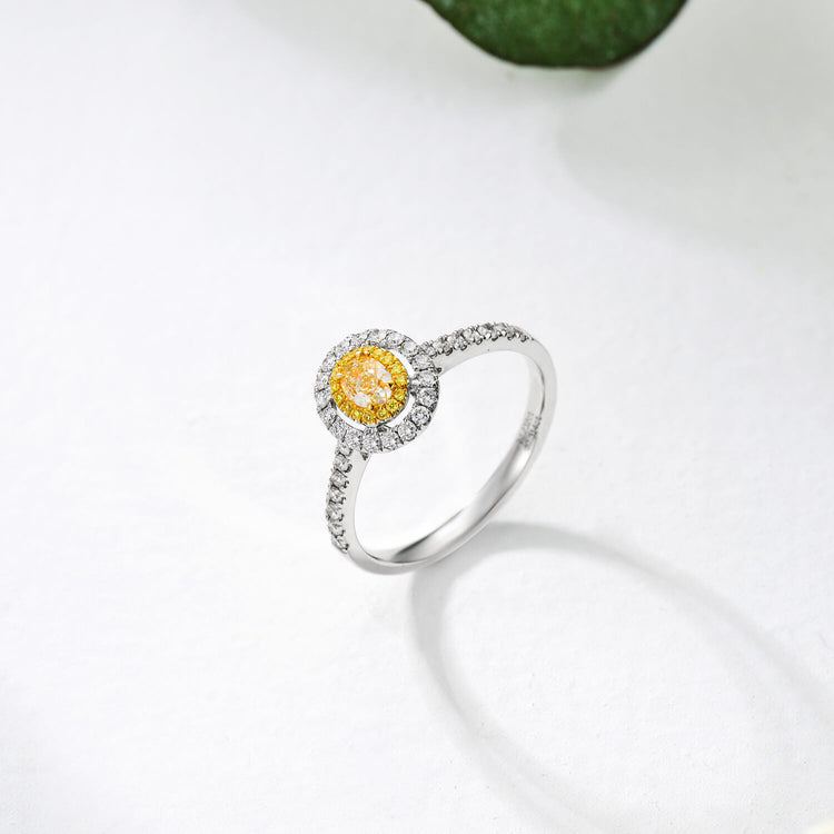 18K Classic Halo Style Oval Yellow Diamond Engagement Ring