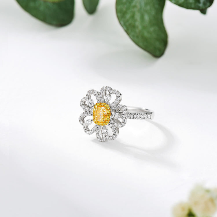 18K Halo Flower Cushion Yellow Diamond Ring