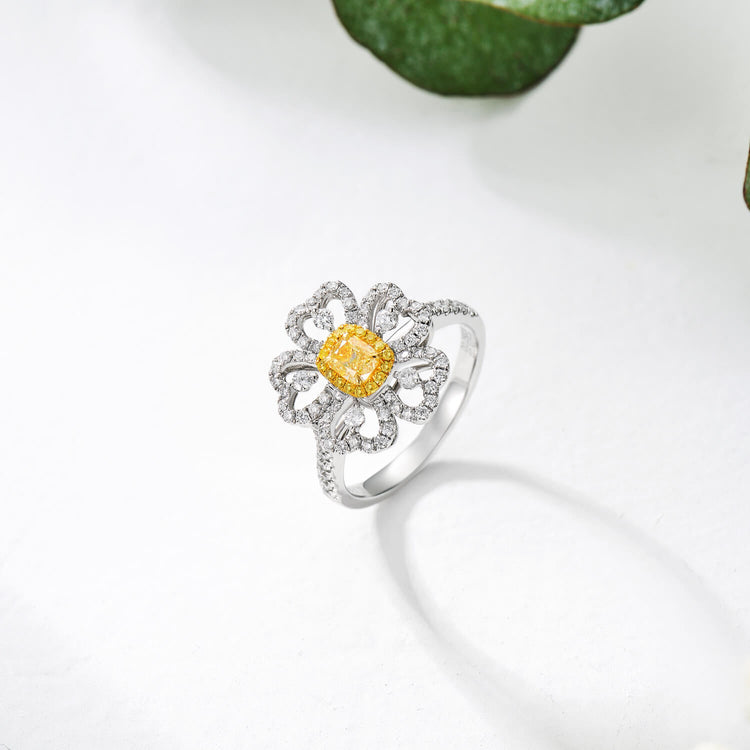 18K Halo Flower Cushion Yellow Diamond Ring