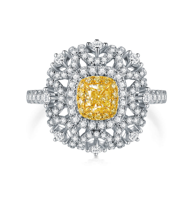 18K Classical Halo Yellow Cushion Diamond Ring