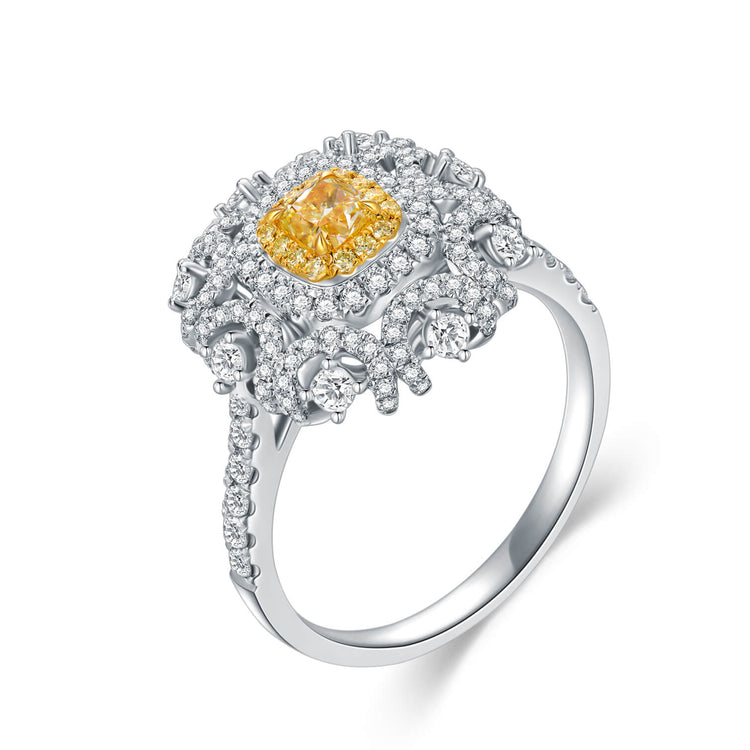 18K Classical Halo Yellow Cushion Diamond Ring