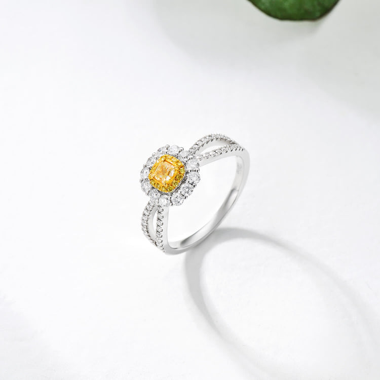 18K Lace Inspired Halo Cushion Yellow Diamond Ring