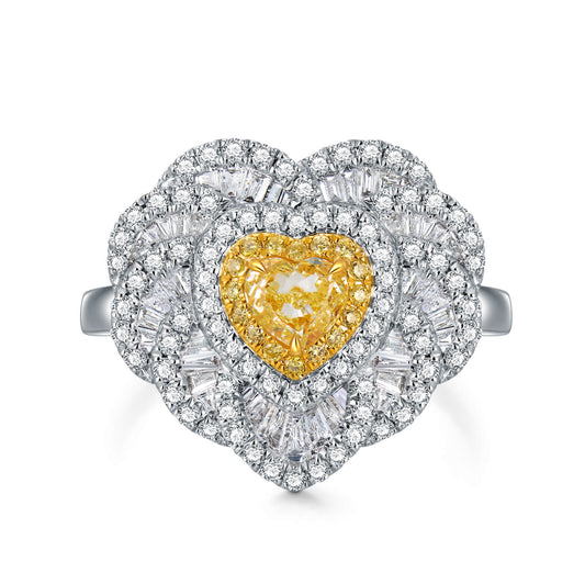 18K Classic Heart Halo Yellow Diamond Ring