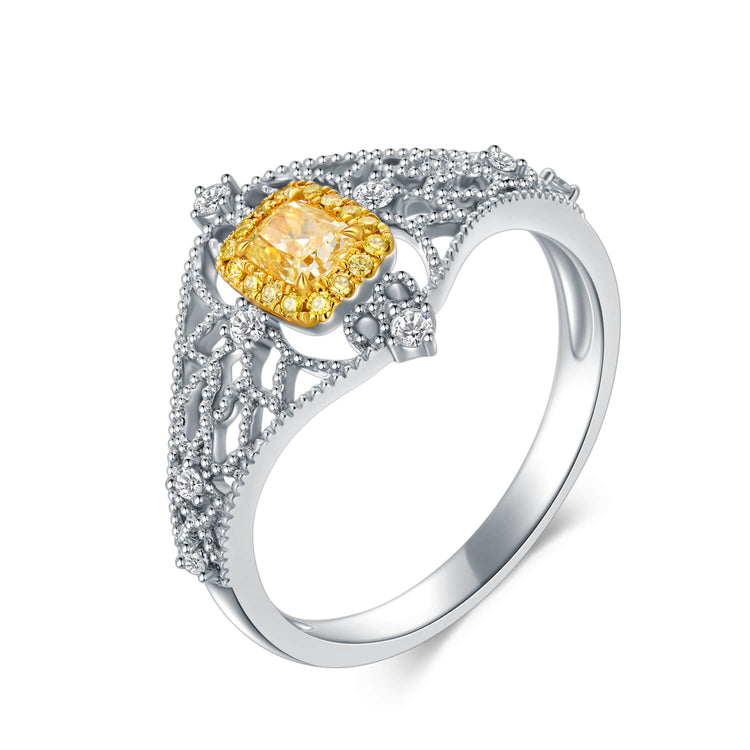 18K Vintage Cushion Yellow Diamond Ring