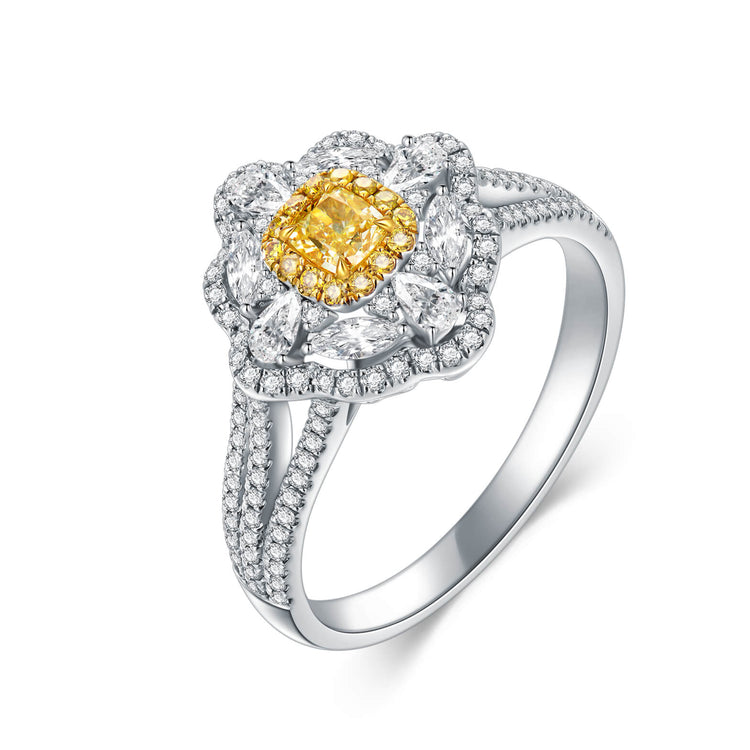 18K Flower Halo Cushion Yellow Diamond Ring