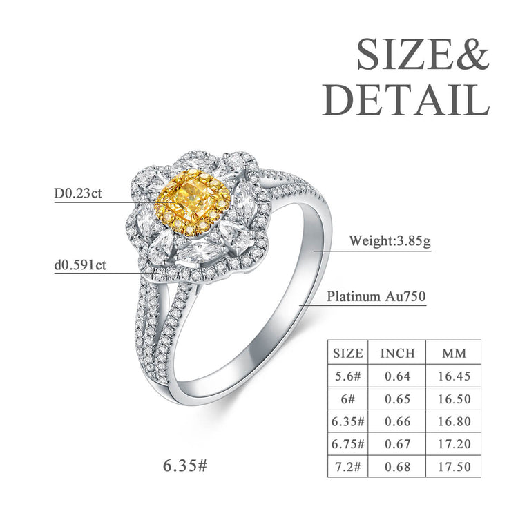 18K Flower Halo Cushion Yellow Diamond Ring