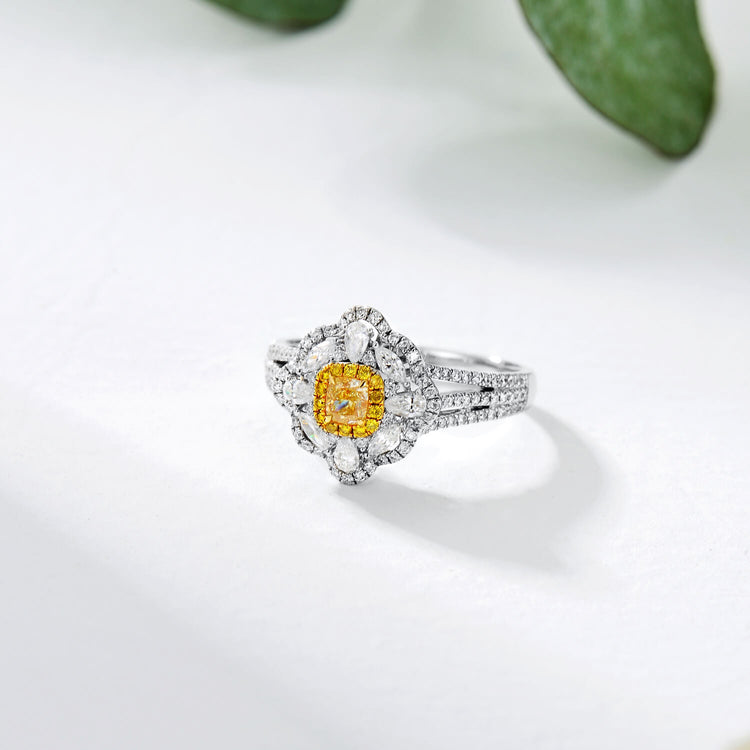 18K Flower Halo Cushion Yellow Diamond Ring