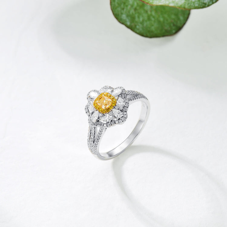 18K Flower Halo Cushion Yellow Diamond Ring