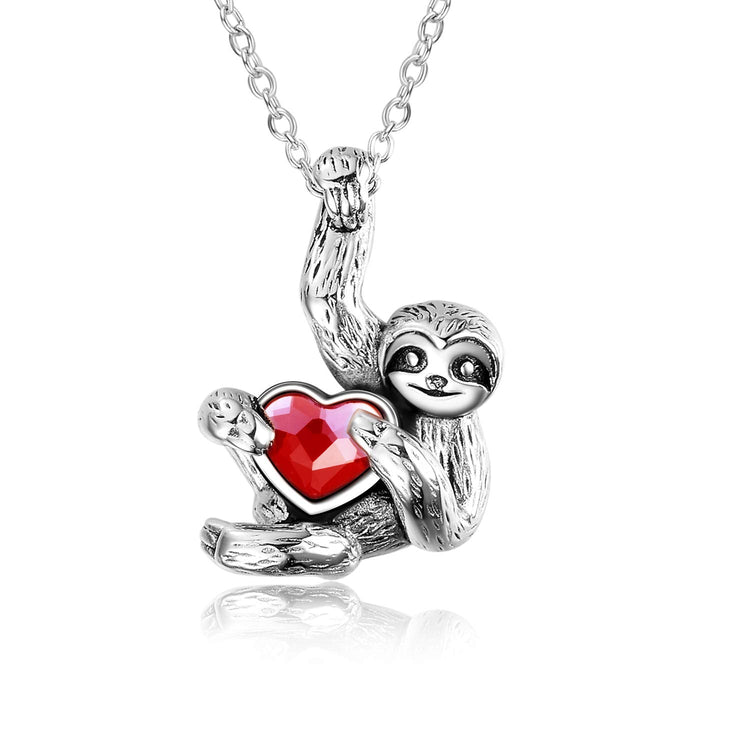 925 Sterling Silver Sloth and Heart Pendant Necklace