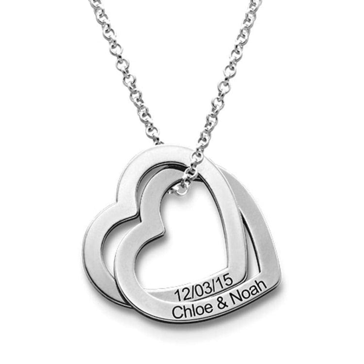 925 Sterling Silver Two Interlocking Hearts Necklace Personalized Love Jewelry For Her