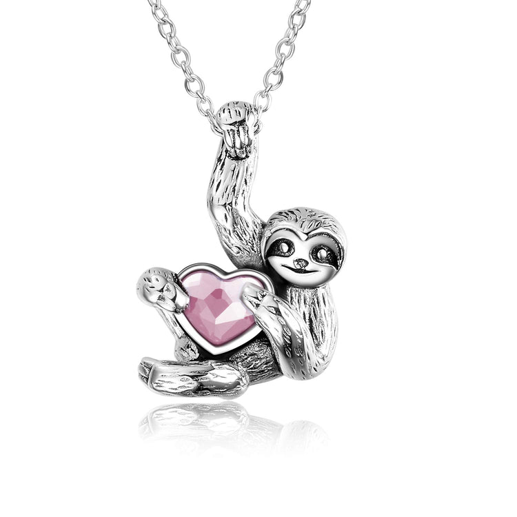 925 Sterling Silver Sloth and Heart Pendant Necklace