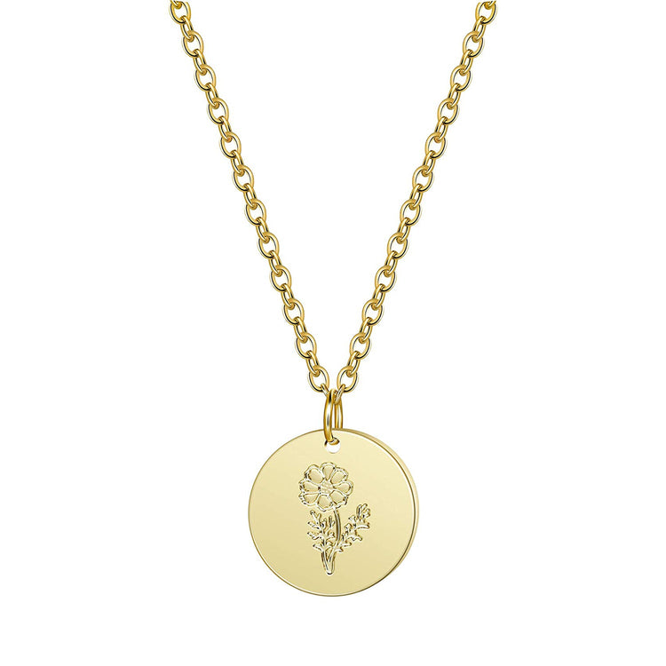 925 Sterling Silver Birth Month Flower Disc Necklace