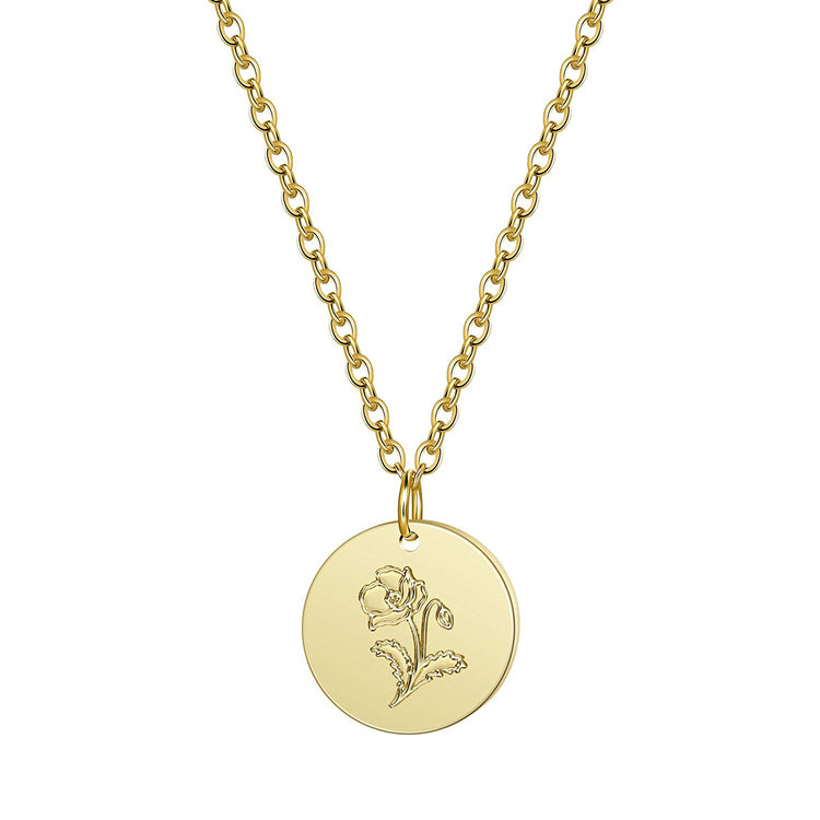 925 Sterling Silver Birth Month Flower Disc Necklace