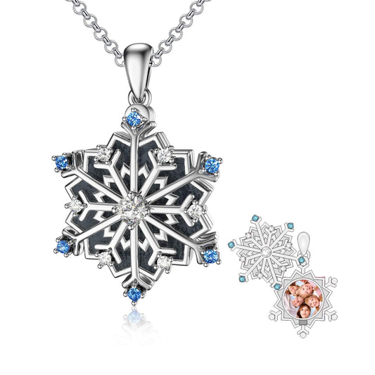 925 Sterling Silver Custom Snowflake Round Photo Locket Necklace