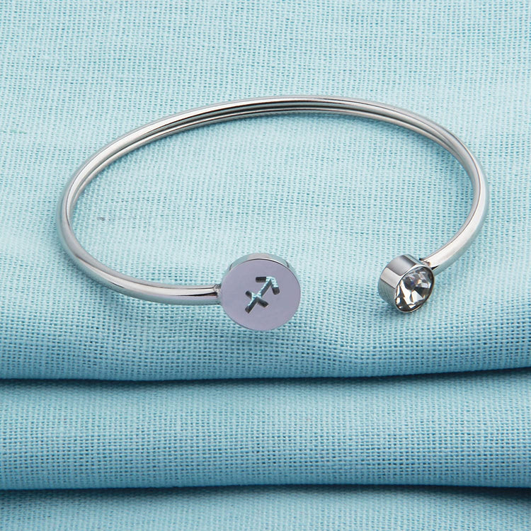 925 Sterling Silver Simple Zodiac Sign Cuff Bracelet with Birthstone