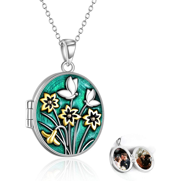 925 Sterling Silver Oval Flower And Butterfly Round Photo Locket Pendant Necklace