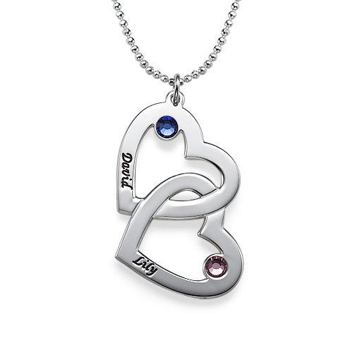 925 Sterling Silver Two Birthstones Engraved Heart Custom Name Necklace Gift Nameplate Necklace - onlyone