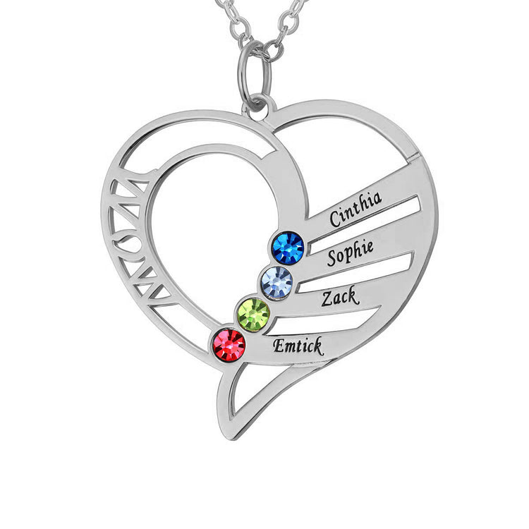 925 Sterling Silver Birthstone Two Heart Engraved Name Necklace - onlyone