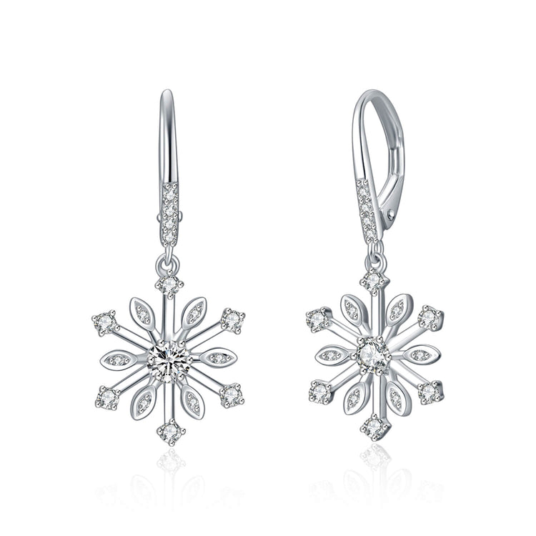 925 Sterling Silver Cubic Zirconia Snowflake Leverback Earrings Drop & Dangle Earrings Christmas Gift - onlyone