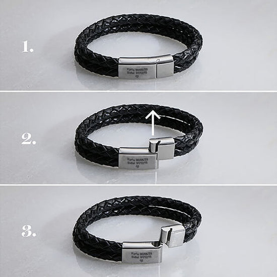 Stainless Steel And Black Leather Initials Engraved Bracelet for Men, Father's Day Bracelet - onlyone