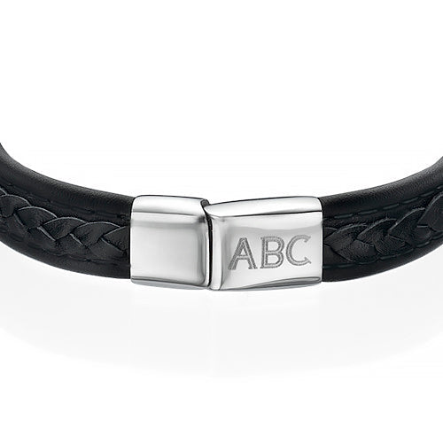 Stainless Steel And Black Leather Initials Engraved Bracelet for Men, Father's Day Bracelet - onlyone